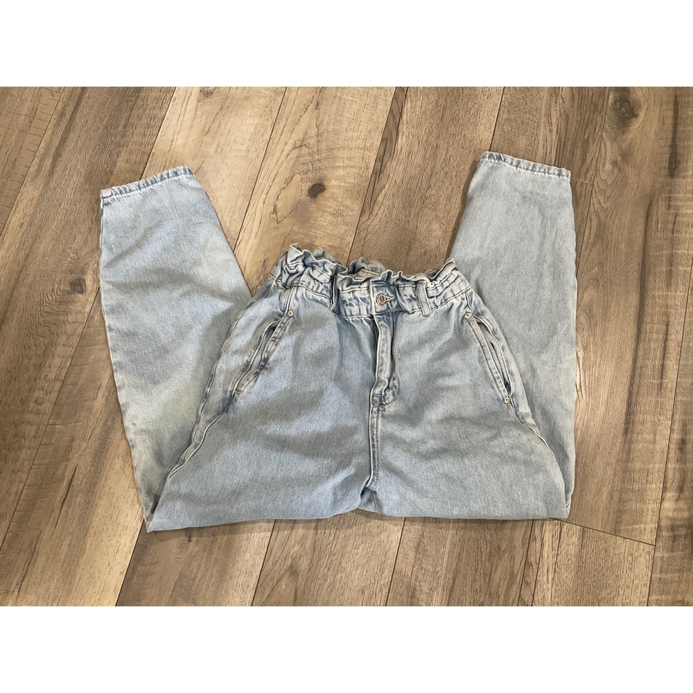 Zara Light Wash Paperbag Waist Denim Joggers High Rise Tapered Jeans Size 4